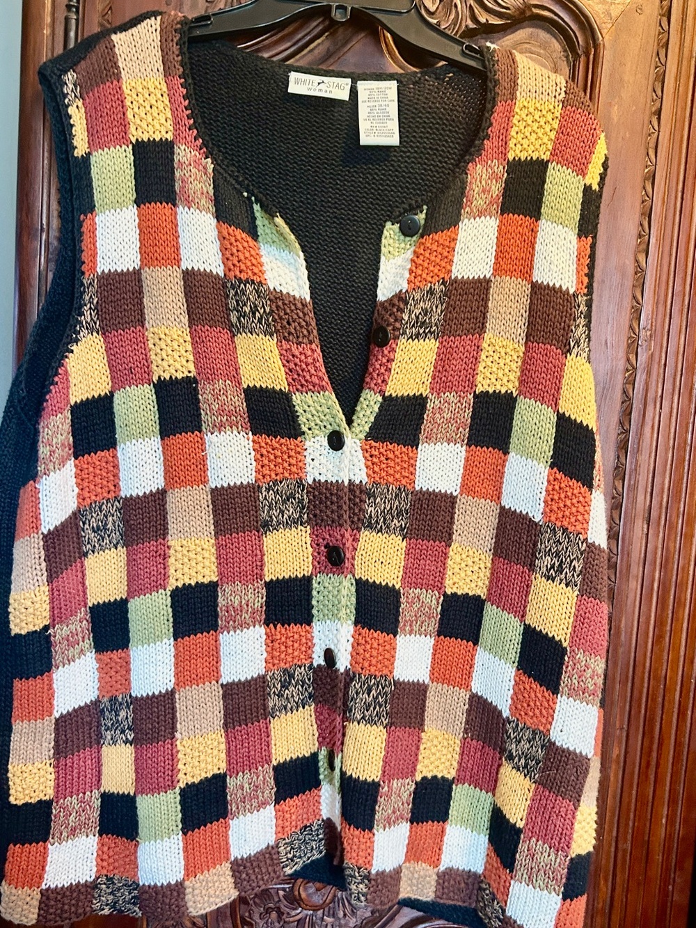 White Stag Colorblock Checked Knit Vest in Rust, Yellow & Black
